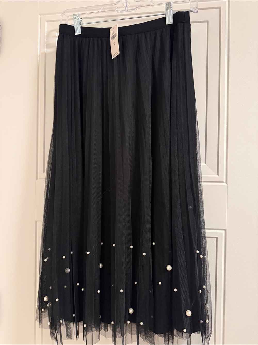 Daniel Rainn Black Maxi Tulle Skirt with Pearl Accents